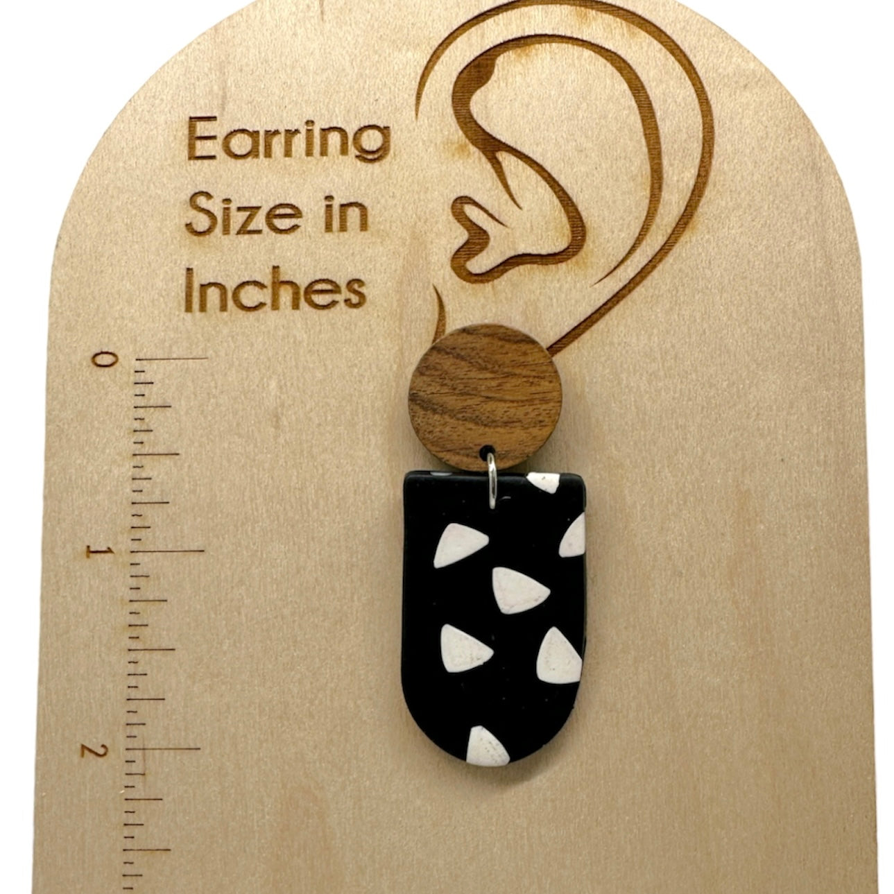 Black and white polymer clay and wood stud earring