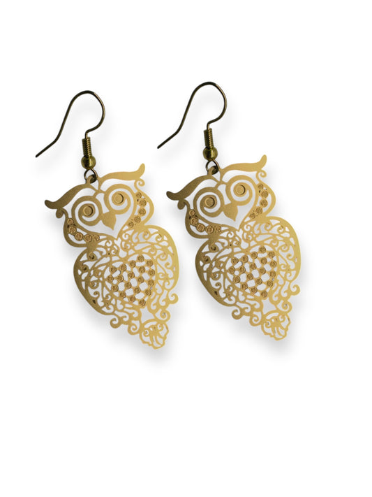 Wisdom - Laser Cut Gold or Silver Owl Dangle Earrings