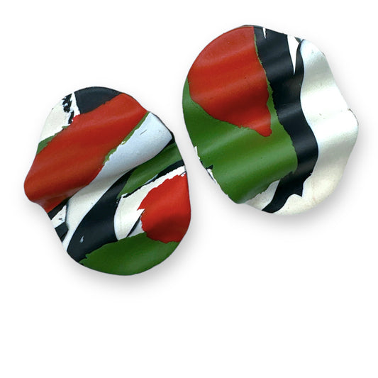 Waves- Black White Red Green Polymer Clay Statement Earring