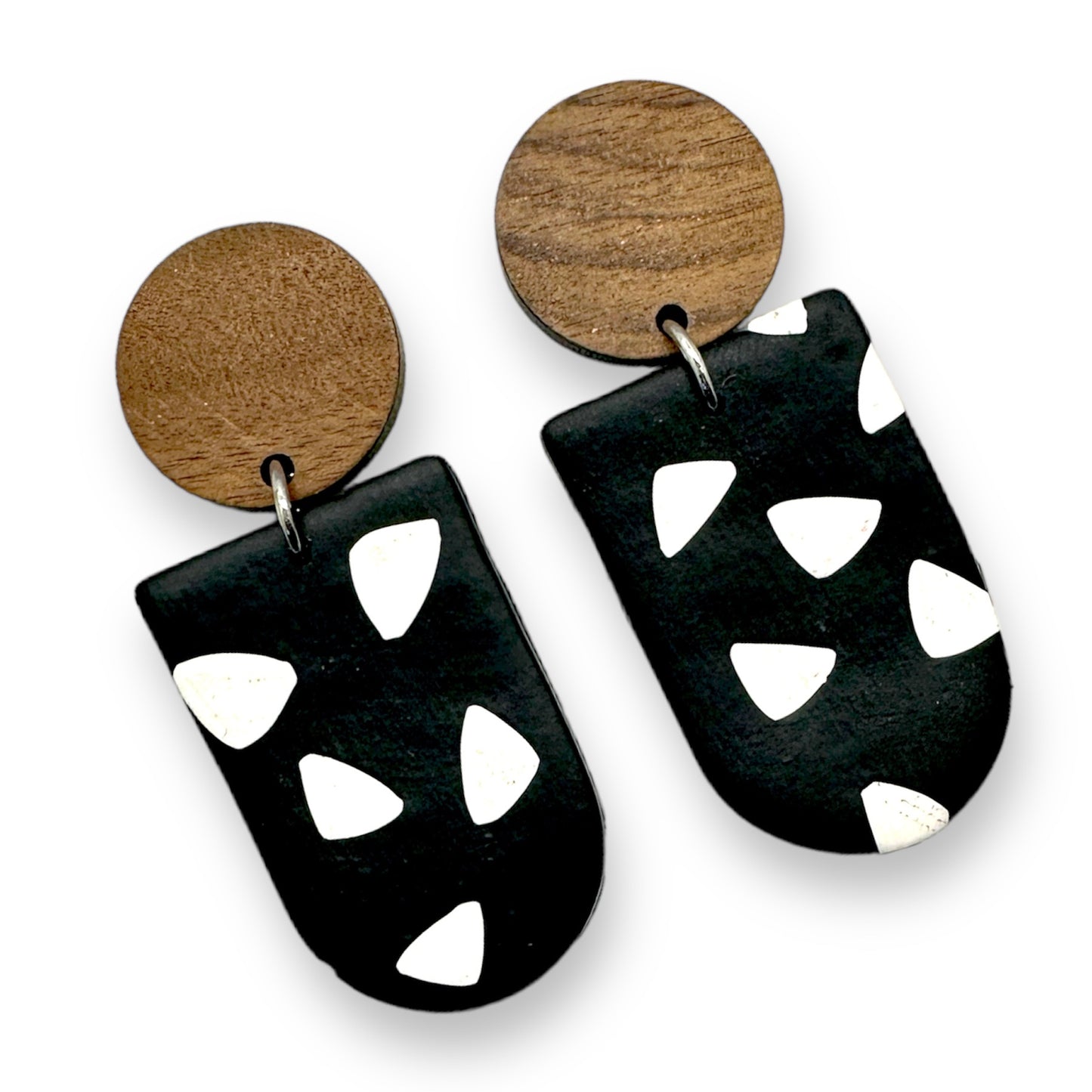Black and white polymer clay and wood stud earring