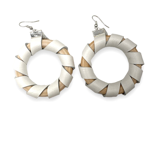 Wilma- Wood and White Leather Earrings