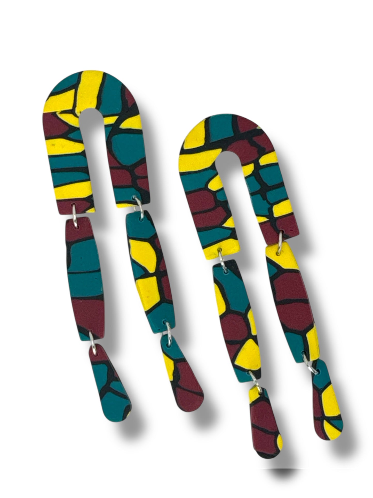 Multicolored polymer clay dangle earrings. Yellow burgundy and teal earrings.