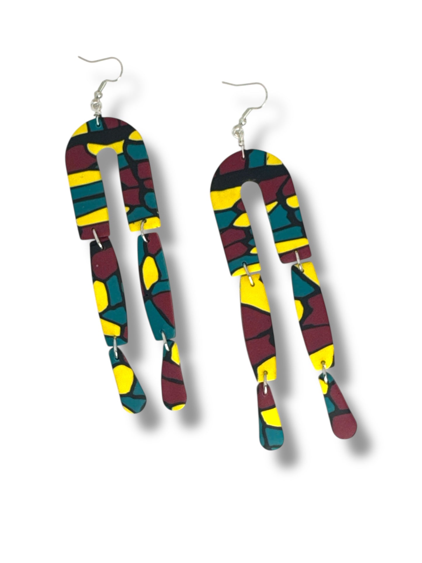 Multicolored polymer clay dangle earrings. Yellow burgundy and teal earrings.